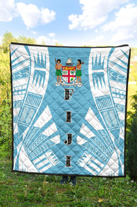Fiji Premium Quilt - Fiji Coat Of Arms Polynesian White Tattoo (Blue) - Polynesian Pride
