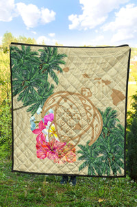 Hawaii Kanaka Maoli Polynesian Flowers Turtle Premium Quilt - Polynesian Pride