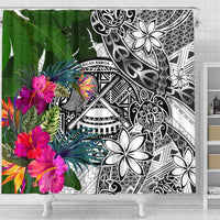 American Samoa Shower Curtain White - Turtle Plumeria Banana Leaf - Polynesian Pride