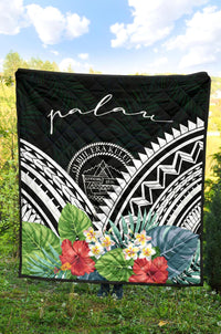 Palau Premium Quilt - Palau Coat of Arms & Polynesian Tropical Flowers White - Polynesian Pride