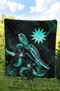 Nauru Polynesian Premium Quilt - Turtle With Blooming Hibiscus Turquoise - Polynesian Pride
