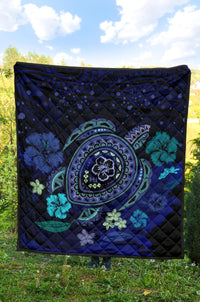 Hawaiian Blue Ocean Honu And Flowers Premium Quilt - Polynesian Pride