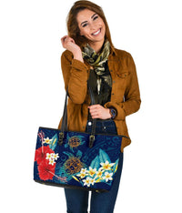 Hawaii Turtle Hibiscus Polynesian Large Tote Bag - Blue - Edna Style - AH - Polynesian Pride