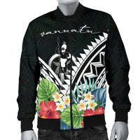 Vanuatu Men's Bomber Jacket - Vanuatu Caledonia Coat of Arms & Polynesian Tropical Flowers White - Polynesian Pride