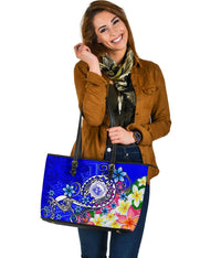 Hawaii Polynesian Large Leather Tote Bag - Hawaii Seal With Turtle Plumeria (Blue) - Polynesian Pride