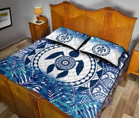 Polynesian Quilt Bed Set - Dark Blue Turtle Palm Gray Version - Polynesian Pride