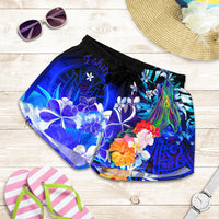 Tahiti Women's Shorts - Humpback Whale with Tropical Flowers (Blue) Women Blue - Polynesian Pride