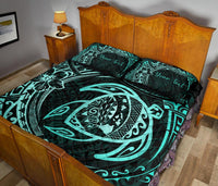 Personalized - Hawaii Map Turtles Hibiscus Quilt Bed Set - Turquoise - Polynesian Pride