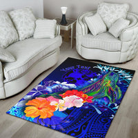 Tonga Custom Personalised Area Rug - Humpback Whale with Tropical Flowers (Blue) - Polynesian Pride