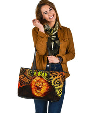 Sun In Leo Zodiac Large Leather Tote Polynesian Tattoo Unique Vibes - Polynesian Pride