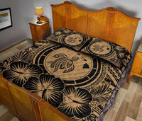 Hawaiian Map Honu Hibiscus Gold Polynesian Quilt Bed Set - Polynesian Pride