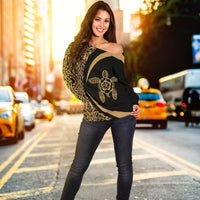 Hawaii Turtle Polynesian Women's Off Shoulder Sweater - Circle Style - AH - Golden - Polynesian Pride