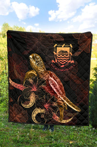 Tuvalu Polynesian Premium Quilt - Turtle With Blooming Hibiscus Gold - Polynesian Pride
