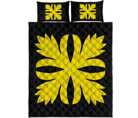 Hawaiian Royal Pattern Quilt Bed Set - Black And Yellow - C3 Style - Polynesian Pride