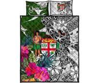 Fiji Custom Personalised Quilt Bet Set White - Turtle Plumeria Banana Leaf Crest - Polynesian Pride