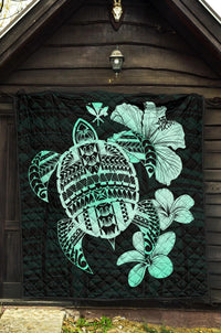 Hawaiian Kanaka Hibiscus Plumeria Mix Polynesian Turtle Premium Quilt Turquoise AH - Polynesian Pride