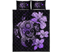 Hibiscus Plumeria Mix Polynesian Violet Turtle Quilt Bed Set - Polynesian Pride