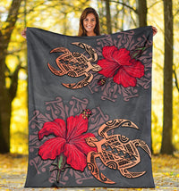 Hawaii Turtle Hibiscus Polynesian Premium Blanket - Khoi Style - AH - Polynesian Pride