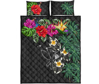Kanaka Maoli (Hawaiian) Quilt Bed Set - Hibiscus Turtle Tattoo Gray Art - Polynesian Pride