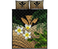 Kanaka Maoli (Hawaiian) Quilt Bed Set, Polynesian Plumeria Banana Leaves Gold Gold - Polynesian Pride