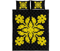 Hawaiian Quilt Bed Set Royal Pattern - Black And Yellow - B2 Style - Polynesian Pride