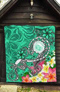 Hawaii Polynesian Premium Quilt - Hawaii Seal With Turtle Plumeria (Turquoise) - Polynesian Pride