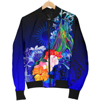 Marshall Islands Men's Bomber Jacket - Humpback Whale with Tropical Flowers (Blue) - Polynesian Pride