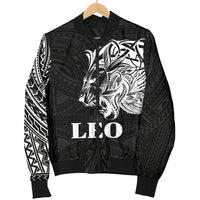 Sun In Leo Zodiac Women Bomber Jacket Polynesian Tattoo Simple - White - Polynesian Pride
