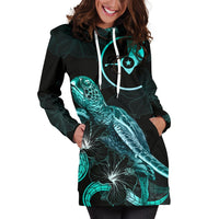 Yap Polynesian Hoodie Dress - Turtle With Blooming Hibiscus Turquoise - Polynesian Pride