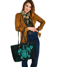Hawaii Kakau Polynesian Turtle Map Large Leather Tote - Turquoise - Polynesian Pride
