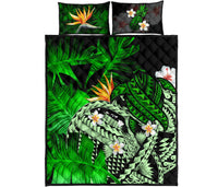 Kanaka Maoli (Hawaiian) Quilt Bed Set, Polynesian Pineapple Banana Leaves Turtle Tattoo Green Green - Polynesian Pride