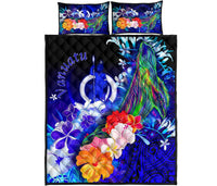 Vanuatu Quilt Bed Set - Humpback Whale with Tropical Flowers (Blue) - Polynesian Pride