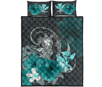 Kanaka Maoli (Hawaii) Quilt Bed Set - Hibiscus Turtle Tribal Turquoise Turquoise - Polynesian Pride