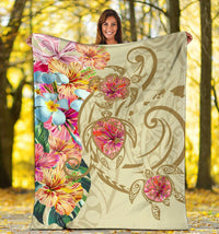 Hawaii Triple Marble Turtle Polynesian Hibiscus Premium Blanket - AH - Benjamin Style - Beige - Polynesian Pride