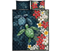 Kanaka Maoli (Hawaiian) Quilt Bed Set - Sea Turtle Tropical Hibiscus And Plumeria Blue - Polynesian Pride