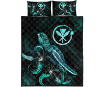 Hawaii Polynesian Quilt Bed Set - Turtle With Blooming Hibiscus Turquoise - Polynesian Pride