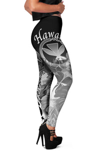 Polynesian Hawaii Women's Legging - Kanaka Maoli Humpback Whale with Tropical Flowers (White) - Polynesian Pride