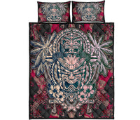 Hawaii Polynesian Quilt Bed Set - Hawaiian Gray Tiki Face Dark Red Version - Polynesian Pride