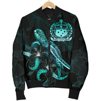 Samoa Polynesian Men's Bomber Jacket - Turtle With Blooming Hibiscus Turquoise - Polynesian Pride
