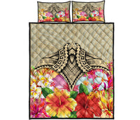 Hawaii Manta Ray Tropical Hibiscus Plumeria Polynesian Quilt Bed Set Beige - Polynesian Pride