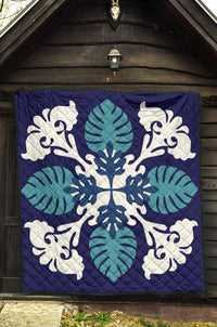Hawaiian Leaves Tropical Pattern Premium Quilt - Blue - Argu Style - AH - Polynesian Pride