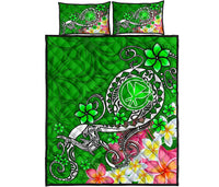 Hawaii Quilt Bed Set - Turtle Plumeria Polynesian Tattoo Green Color - Polynesian Pride
