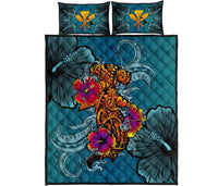 Kanaka Maoli (Hawaiian) Quilt Bed Set - Polynesian Hammerhead Shark Hibiscus Blue - Polynesian Pride