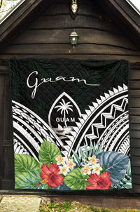 Guam Premium Quilt - Guam Coat of Arms & Polynesian Tropical Flowers White - Polynesian Pride