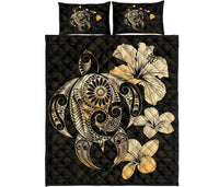 Hibiscus Plumeria Mix Polynesian Gold Turtle Quilt Bed Set - Polynesian Pride