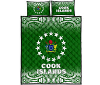 Cook Islands Quilt Bed Set - Cook Islands Flag Coat Of Arms Polynesian Tattoo Green Fog Style Green - Polynesian Pride