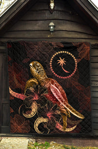 Chuuk Polynesian Premium Quilt - Turtle With Blooming Hibiscus Gold - Polynesian Pride