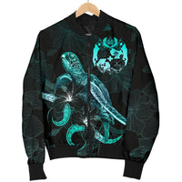 Tonga Polynesian Men's Bomber Jacket - Turtle With Blooming Hibiscus Turquoise - Polynesian Pride