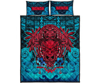 Hawaii Polynesian Quilt Bed Set - Hawaiian Red Tiki Face - Torquoise Version - Polynesian Pride