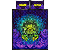 Hawaii Polynesian Quilt Bed Set - Hawaiian Green Yellow Tiki Face Purple Version - Polynesian Pride
